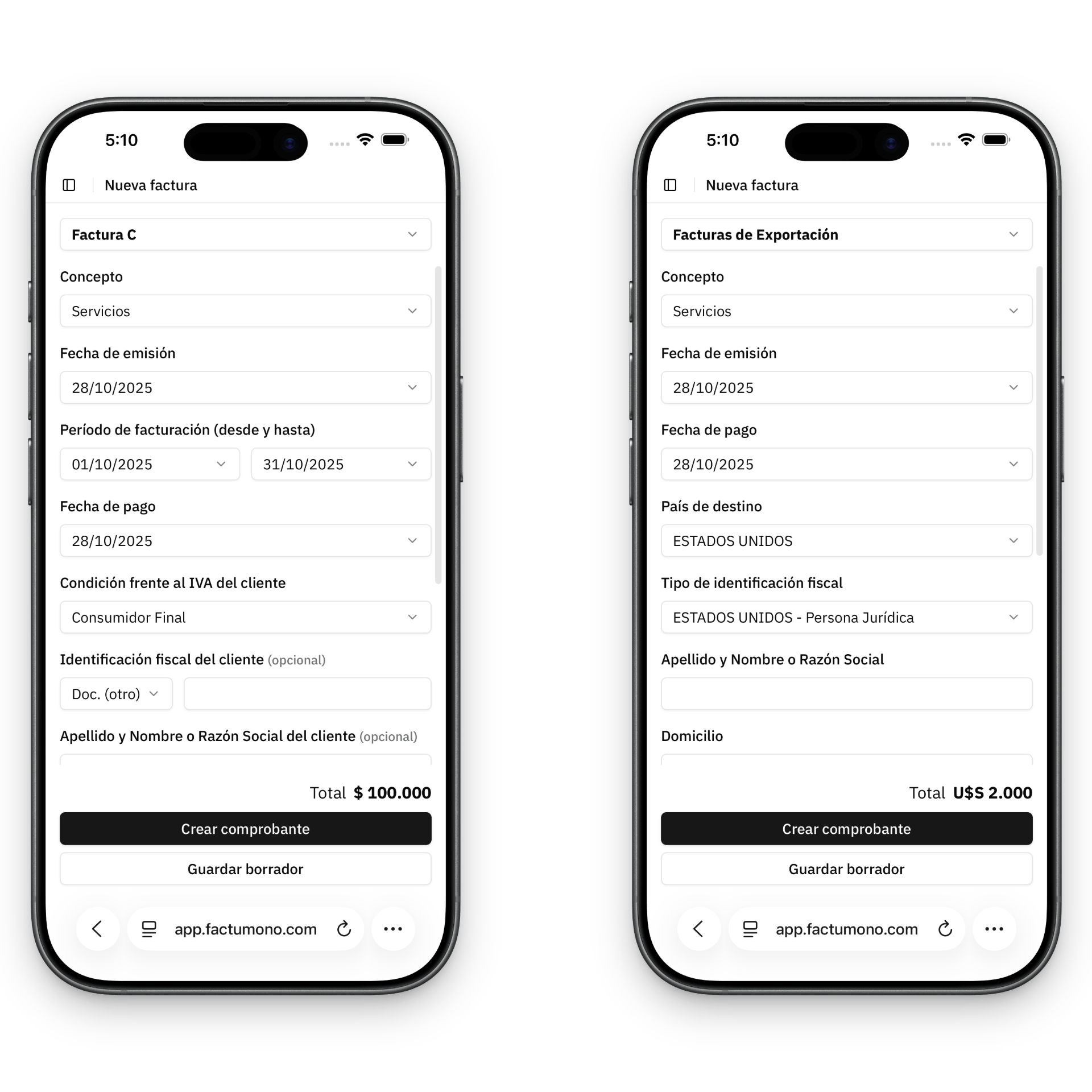 Pantalla para emitir Facturas C y E de servicios y productos