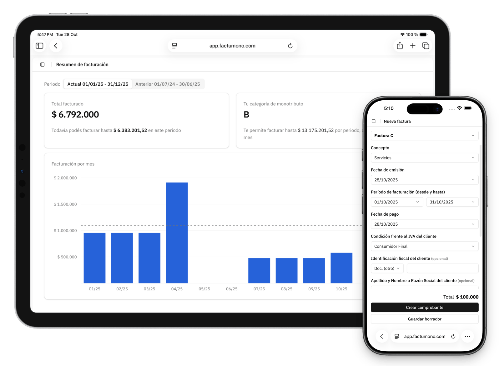 Pantalla de Factumono: crear Facturas de servicios y productos C y E en ARCA